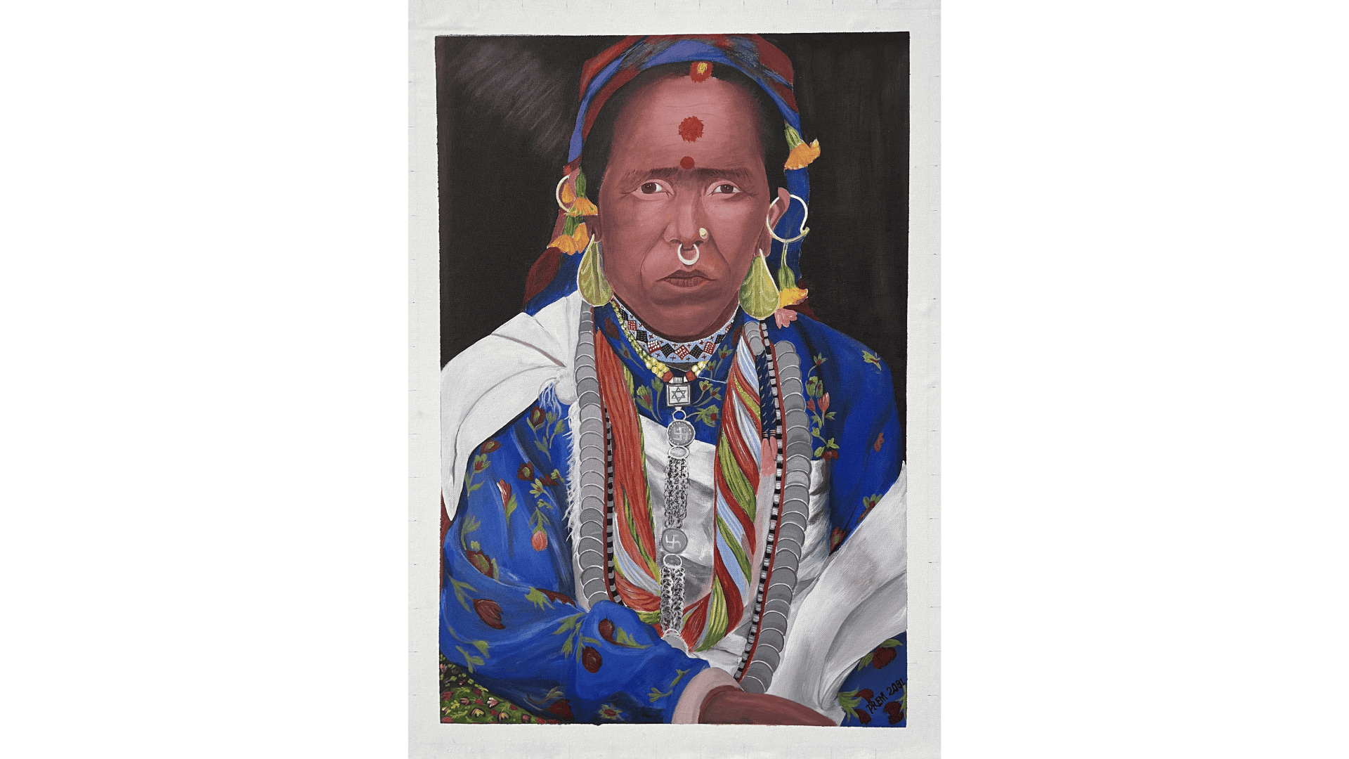 A Sudurpaschim woman in traditional attire. The big bulaki and fuli on the nose, with the ‘Rupiya’ necklace, the Pote and the wearing of Cholo and shawl, depicts the region’s tradition, with women wearing skillfully designed but heavy jewellery.